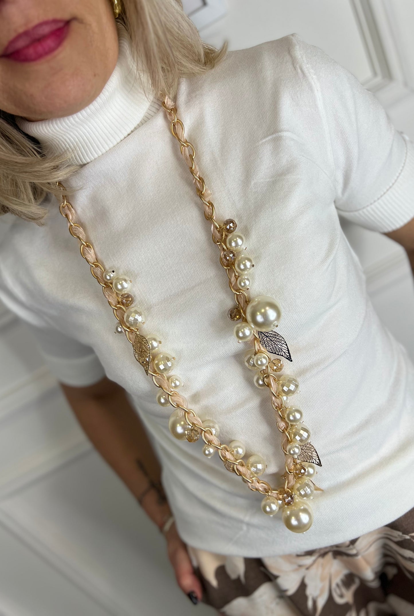 Collana PERLE e FOGLIE DORATE