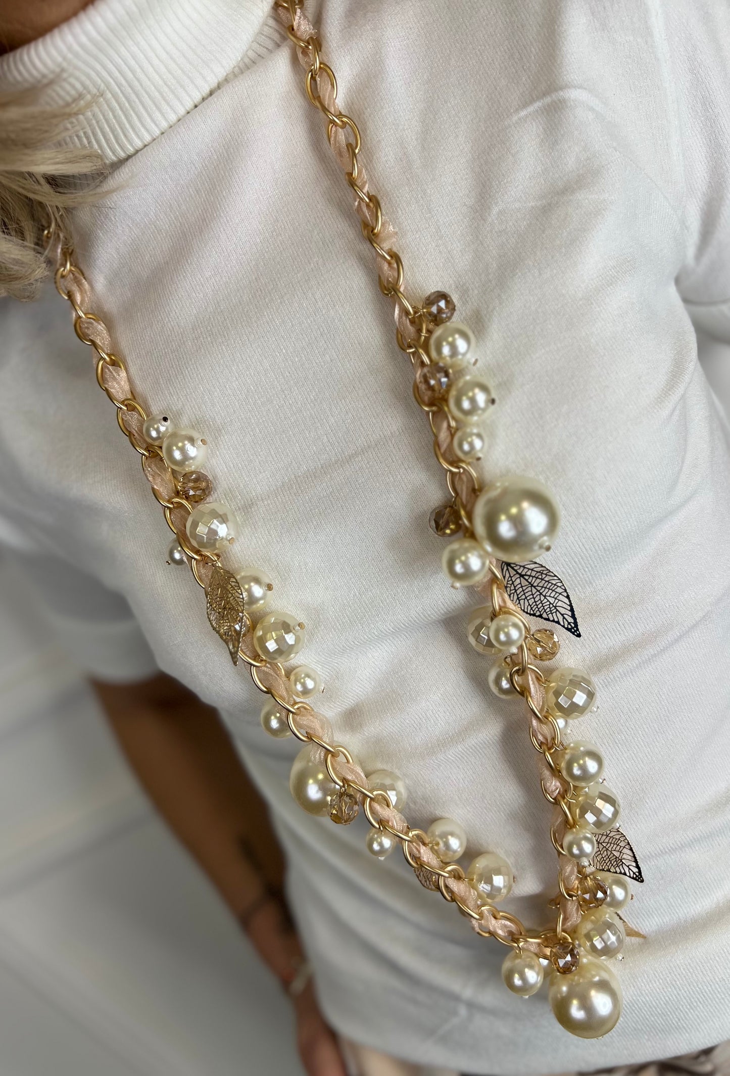 Collana PERLE e FOGLIE DORATE